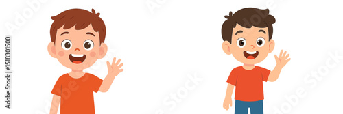 Two cheerful boys waving hello while wearing orange shirts in a bright, friendly illustration