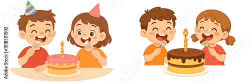 Children celebrating birthdays with colorful cakes and joyful expressions during a party at home