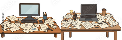 Cluttered desks illustrate a busy workspace with papers, devices, and stationery during a productive day