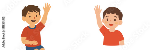 Two cheerful boys waving hello, showcasing friendly greetings in a bright and simple design