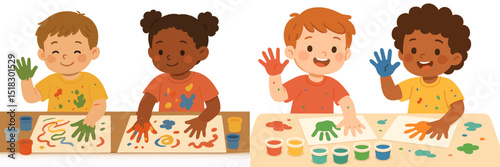 Children engage in colorful hand painting activity at art table in a vibrant classroom during a sunny afternoon