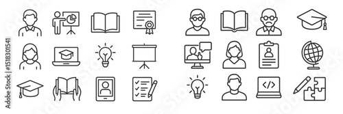 Educational icons representing various learning activities and achievements in a modern context