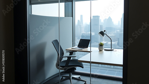 A quiet glass-walled focus booth with a single chair floating desk laptop and a small task lamp matte acoustic panels line the walls and there's a potted succulent on the desk