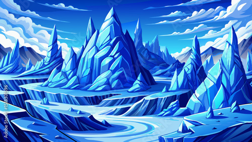 Vector set of blue crystal glacier formations and floating icy peaks, ideal for winter game design, arctic scenes, and snowy elements