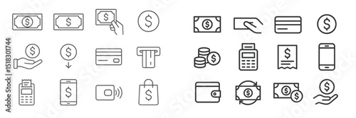 Various financial symbols representing transactions, payments, and currencies in a minimalist style for digital applications