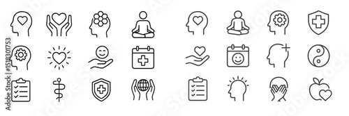 Health and wellness icons representing mindfulness, care, and holistic practices for mental and physical well-being