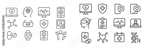 Innovative healthcare technology icons representing digital health solutions and patient monitoring systems
