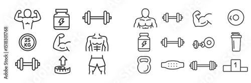 Fitness and weightlifting icons depicting various gym equipment and exercises in a minimalist style