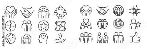 Icons representing community, support, and collaboration in various forms on a clean white background