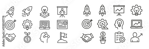 Collection of business and startup related icons showcasing innovation, teamwork, and growth strategies in a clean, minimalistic design