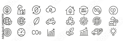 Collection of eco-friendly icons representing sustainability, climate action, and renewable energy initiatives
