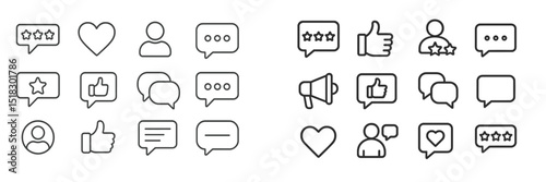 Collection of simple line icons representing user interactions and feedback in digital communication platforms