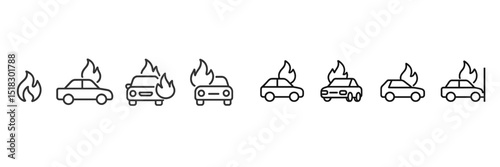 Series of cars catching fire in a cartoonish style representing vehicle incidents