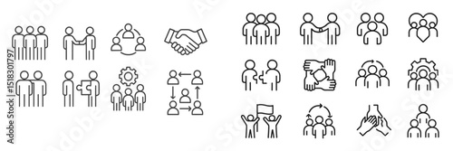 Diverse collection of teamwork and collaboration icons showcasing unity and partnership in various professional settings