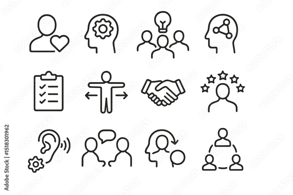 Various symbols illustrating key concepts in teamwork, communication, and mental processes at a collaborative workshop Various symbols illustrating key concepts in teamwork, communication, and mental processes at a collaborative workshop