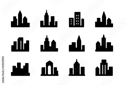 Various silhouettes of city skylines representing urban landscapes and architectural diversity across different locations