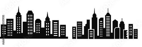 Silhouette of a modern city skyline with various building styles and architectural features at night