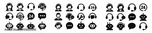 Various customer service and chatbot icons representing 24-hour support and assistance options for users online