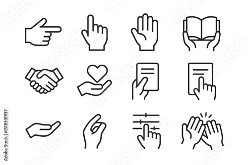 Various hand gestures depicting communication, interaction, and support in a minimalistic style