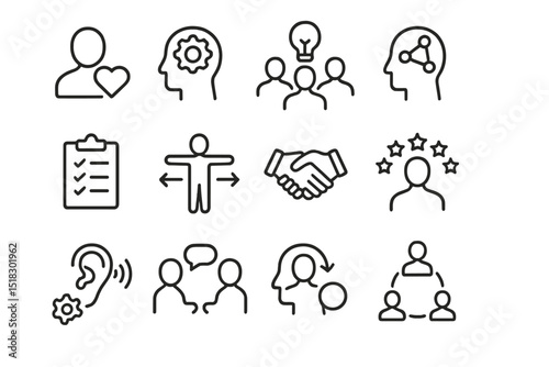 Various symbols illustrating key concepts in teamwork, communication, and mental processes at a collaborative workshop
