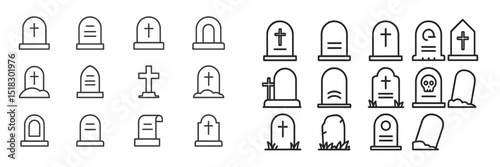 Various designs of gravestones with crosses and symbols in a minimalist style suitable for remembrance themes