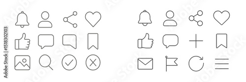 Collection of line icons representing social media and communication features, perfect for digital designs and user interfaces