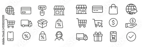 Icons representing online shopping, e-commerce, and delivery services with a variety of symbols showing transactions and shopping activities