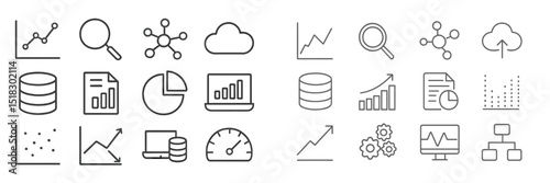 Modern data visualization and analysis icons arranged in a grid format suitable for business presentations and reports