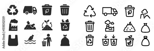 Icons representing recycling, waste management, and environmental conservation in urban settings