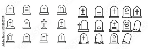 Various styles of gravestones depicted in simple line art showcasing diverse designs and shapes for a monochromatic theme
