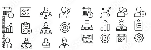 Vector icons illustrating business strategies, teamwork, productivity tools, and project management concepts