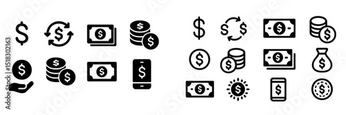 Collection of money-related icons for digital and financial themes on a white background