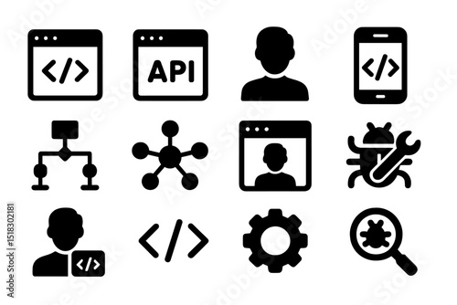 Icons representing programming concepts and software development activities in a minimalist style for web and app design