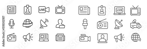 Icons representing media and communication tools including live broadcasts, news, and interviews in a modern design