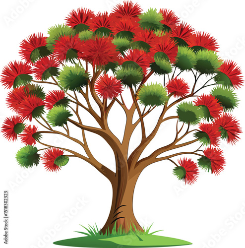 Detailed Red Flowering Pohutukawa Tree Illustration