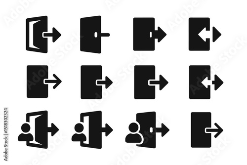Various icons representing login and logout actions for digital interfaces displayed in a grid layout