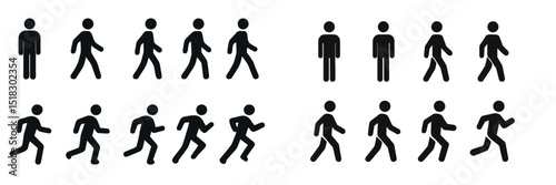 Various poses of a person walking and running in a minimalist design against a white background