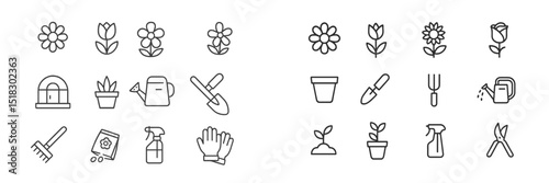 Gardening tools and plants illustrated in detailed line art for outdoor enthusiasts and hobbyists