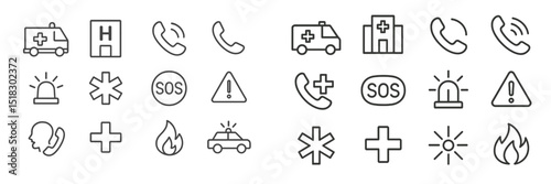 Emergency response icons representing health and safety scenarios in a minimalist style featuring symbols and visuals for quick access
