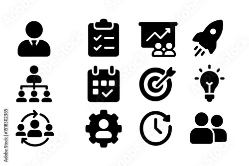 Business icons representing teamwork, planning, and growth in a modern digital environment