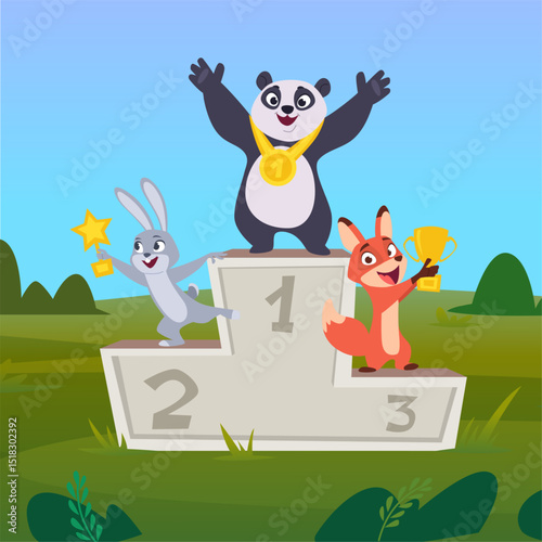 Animals winners. happy characters with sport awarding cups standing on pedestals