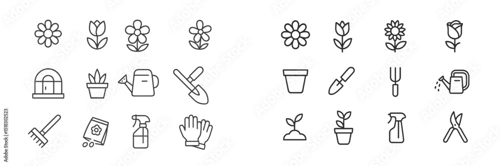 Fototapeta premium Gardening tools and flower icons arranged in a creative layout for visual representation of gardening activities