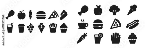 Collection of food icons showcasing various dishes and beverages ideal for menus and culinary designs