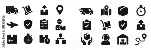 Collection of black icons representing logistics, shipping, and delivery services in a simple, modern design suitable for various applications