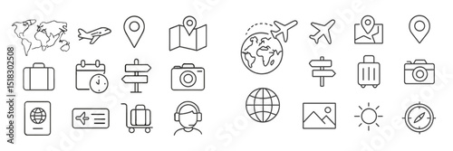 Travel and adventure icons depicting essential elements of journey planning and exploration activities