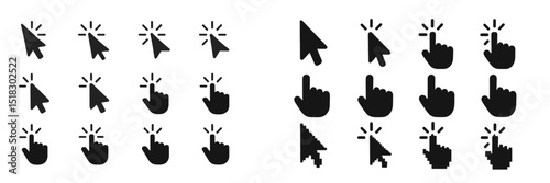 Variety of cursor icons used in digital interfaces showcasing click actions and interactions