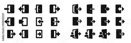 Collection of exit and entry icons designed for user interface applications in minimalistic black style