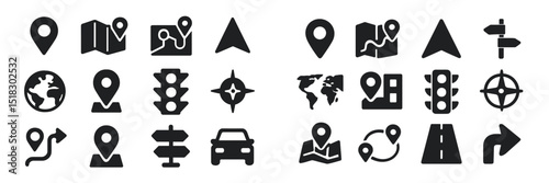 Icons representing navigation, maps, and geographic symbols for digital and print applications