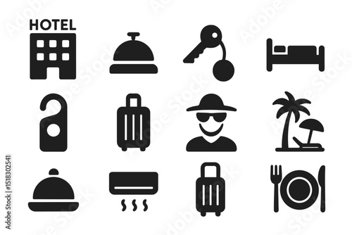 Hotel icons representing services, amenities, and travel experiences for vacation planning and accommodation