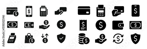 Various payment icons and symbols illustrating digital and traditional transaction methods